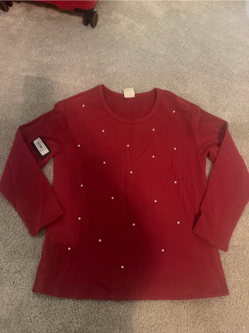 Women's Red Pearl-Accent Long Sleeve Top